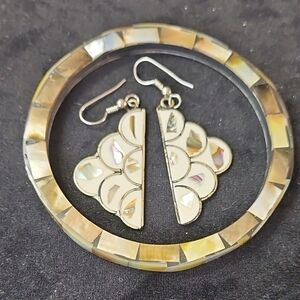 Vtg Alpaca Mexico Earrings Elegant Abalone And Mother Of Pearl Jewelry Set 1970